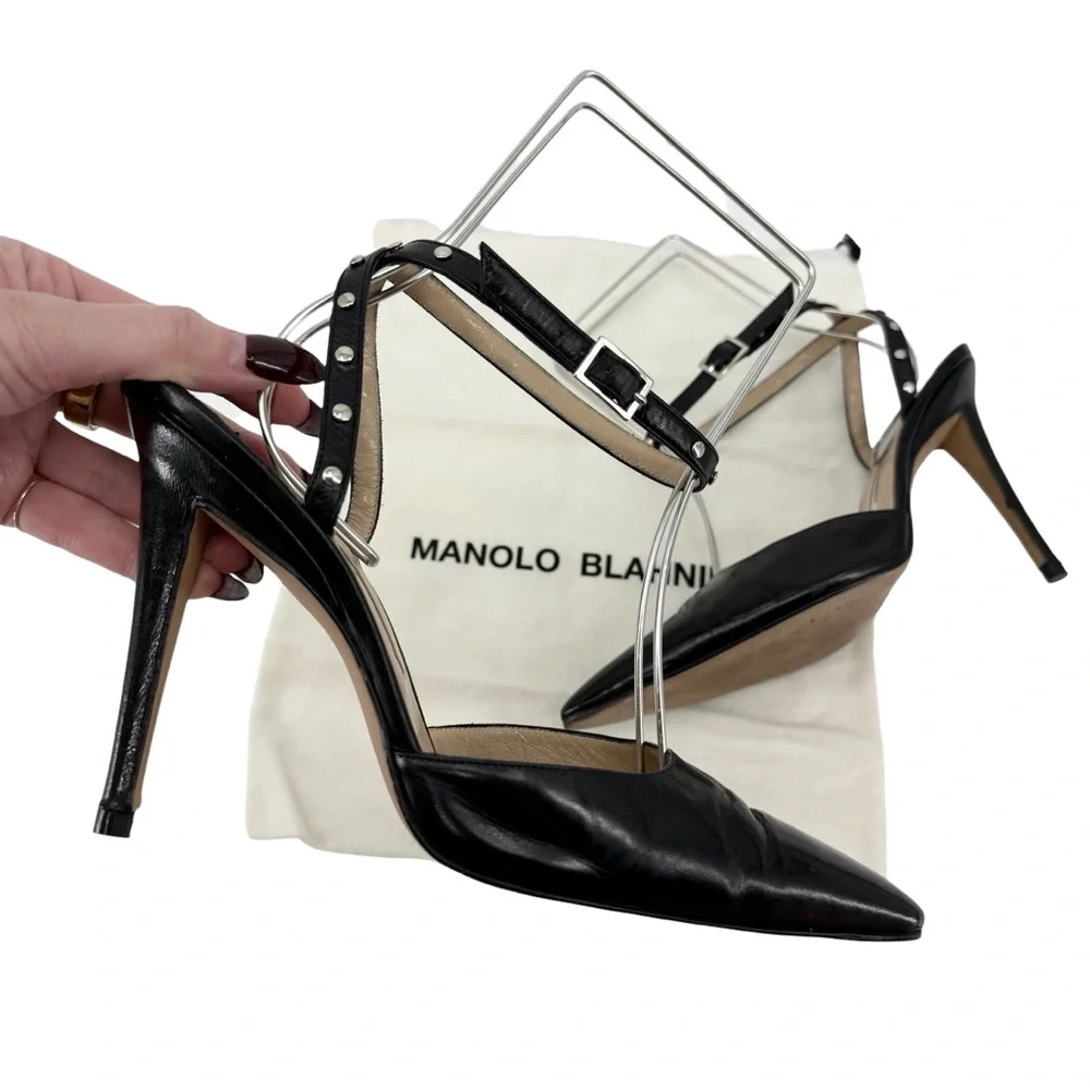 Manolo Blahnik Black Studded Slingback Heels 105mm Vintage Collectors Size 9.5